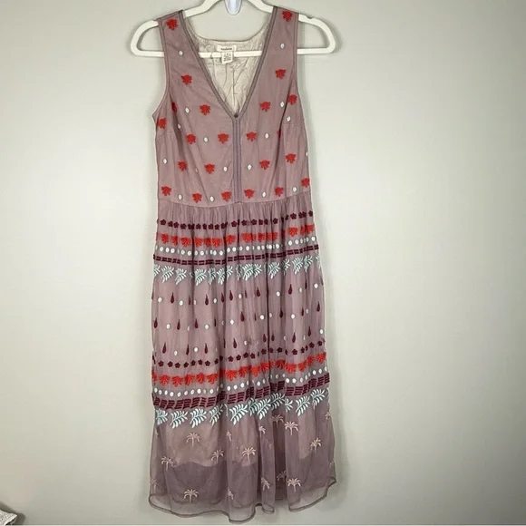 Sundance Dress Womens 2 Embroidered Floral Sheer V-Neck Sleeveless Pink Boho - Picture 6 of 8